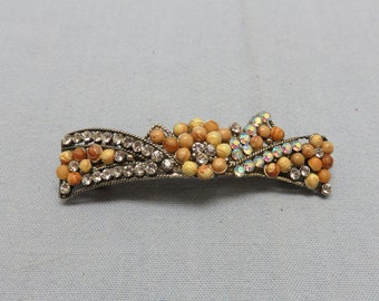 Rhinestone and Brown Bead Vintage Hair Barrette, Smaller