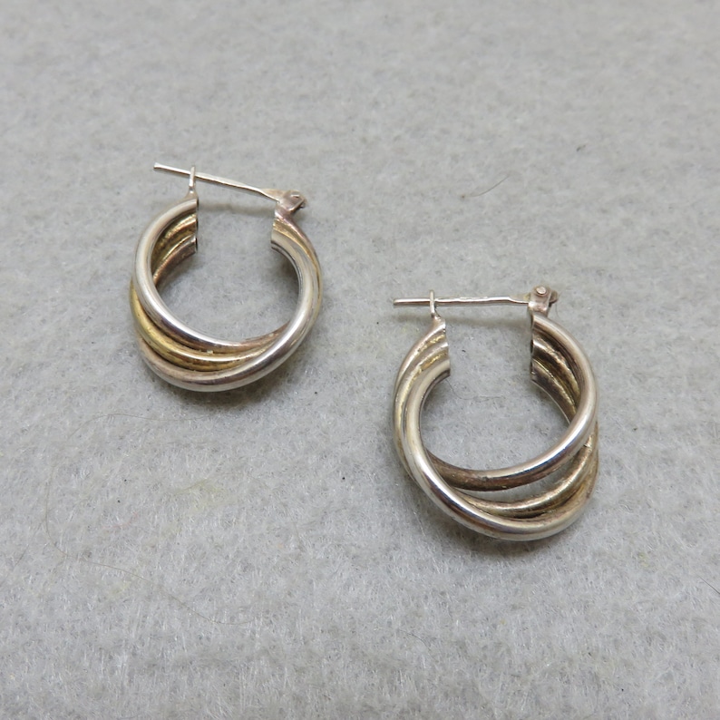 Tri Hoop Earrings Twisted Sterling Hoop Pierced Earrings Vintage Gold and Silver