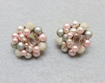 Vintage 1960s Oodles of Pale Pink Pearls Clip  Earrings
