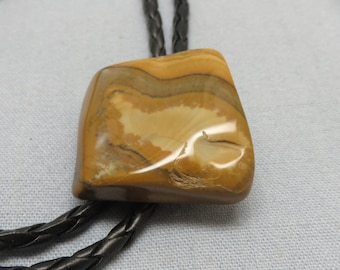May include: A bolo tie with a brown and white patterned stone pendant and a black braided leather cord.
