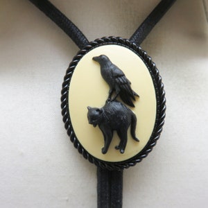 Raven and Black Cat Cameo Bolo Tie, Very Gothic, Black and Beige Halloween Bolo Tie