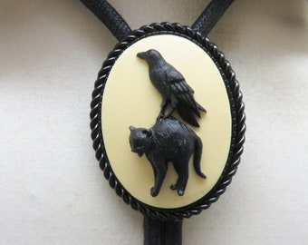 Raven and Black Cat Cameo Bolo Tie, Very Gothic, Black and Beige Halloween Bolo Tie