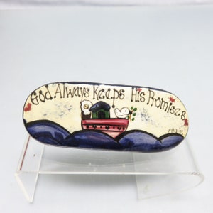 Vintage Noah&#39;s Ark Pottery Hair Barrette, Blue and Beige, Hand Painted