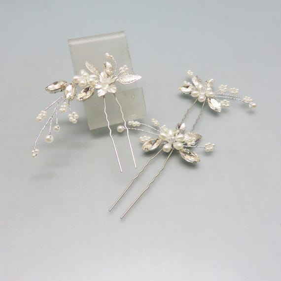 Silver Flowers, Faux Pearl and Rhinestones Hair Pin Trio 