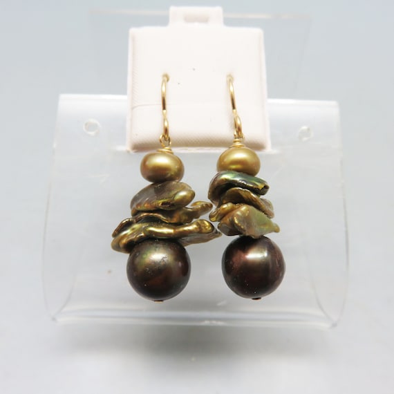 Vintage Stacked Real Pearl Pierced Earrings, Gree… - image 1