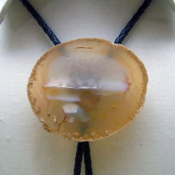 Bolo Tie, Vintage Big Slice of Agate, Pale Brown … - image 1