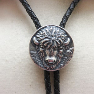 Bison or Buffalo Head Bolo Tie, Handmade Antique Silvertone Metal