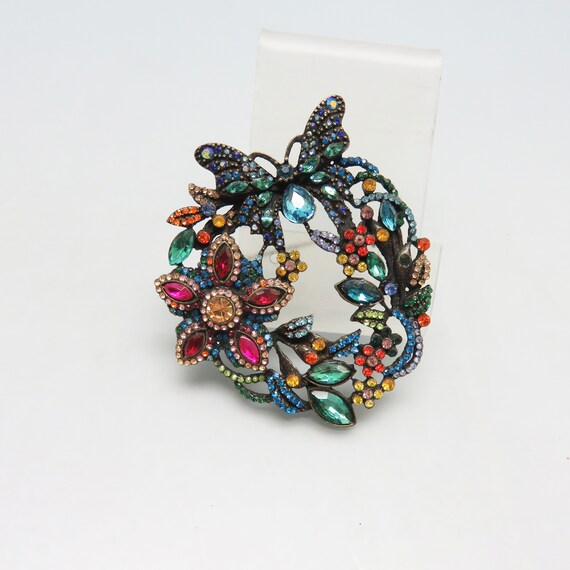 HUGE Vintage Rhinestone Butterfly Wreath Brooch, … - image 2