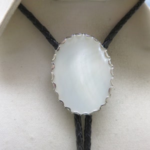 White Mother of Pearl Bolo Tie, Vintage Slide Set in our Shop Rockin&#39; JK Designs, Black Leather Tie