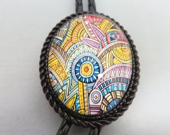 Vintage Psychedelic Bolo Tie,  Handmade, Blue, Pink and Yellow Pattern Background