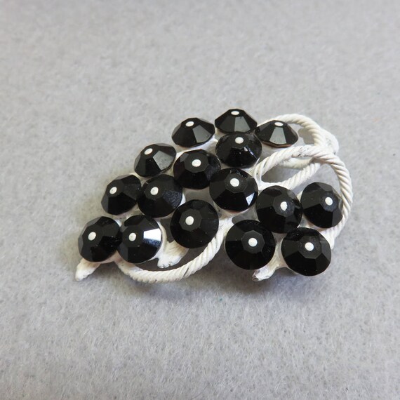Vintage Black Glass Grape Brooch: Avant Garde Painted Metal Pin