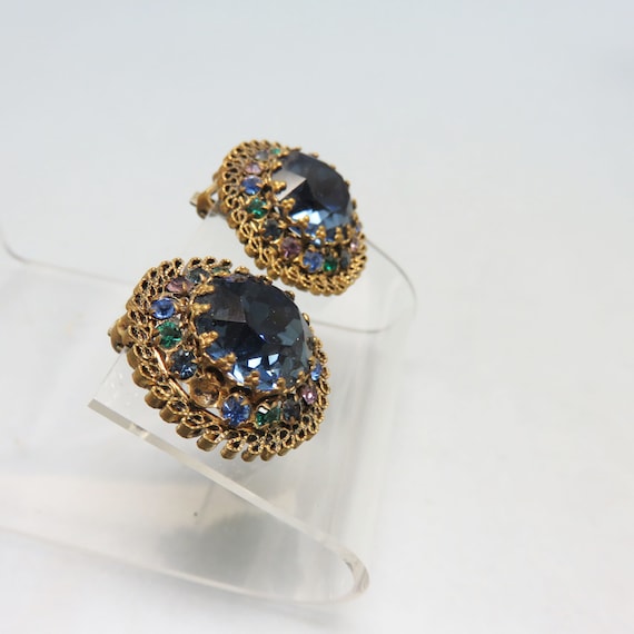 Vintage Austrian Rhinestone Clip On Earrings, Blu… - image 2