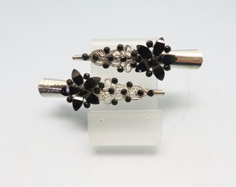 Two Vintage Hair Clips , Double Flowers , Black With Clear  display picture 3