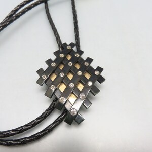 Antique Black Celluloid Lattice Work Bolo Tie, Handmade, Rhinestone Embellishments