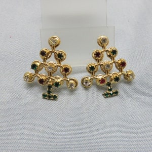 Rhinestone Christmas Tree Pierced Earrings, Vintage 1960s, Elegant