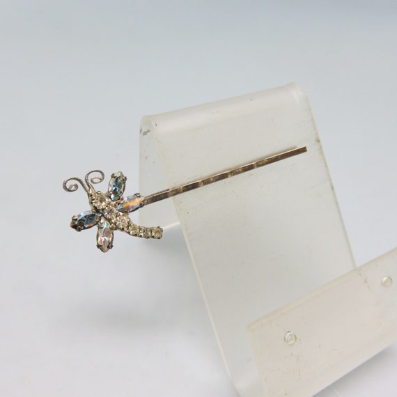 Vintage Blue and Clear Rhinestone Dragonfly Bobby… - image 2
