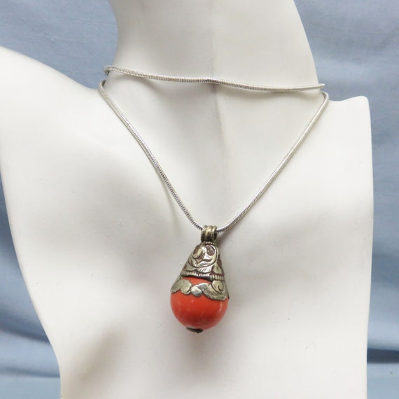 Sterling Setting, Faux Coral Pendant Necklace, Vi… - image 7