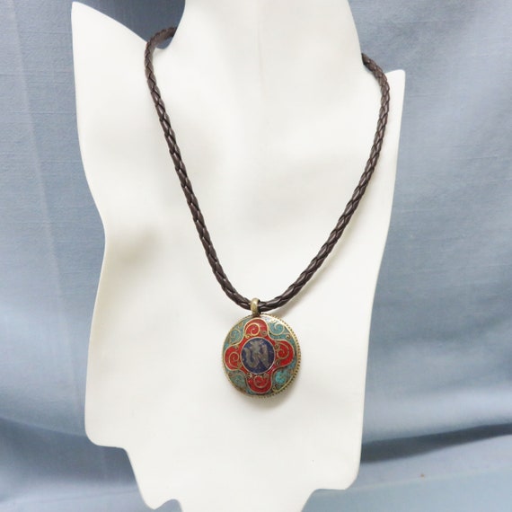 Vintage Cloisonne' Pendant Necklace, Black Leathe… - image 4