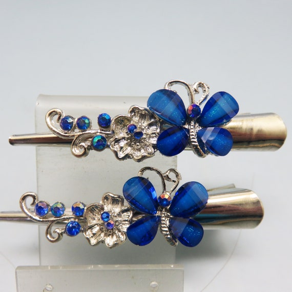 Vintage Blue Rhinestone Butterfly Hair Clips: Petite Lucite  display picture 2