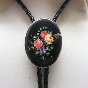 Vintage Resin Floral Transferware Bolo Tie,  Handmade, Black Background