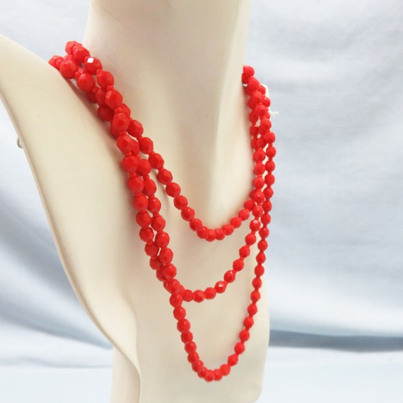 Long Vintage Faceted Cherry Red Glass Bead Necklace, 1980s