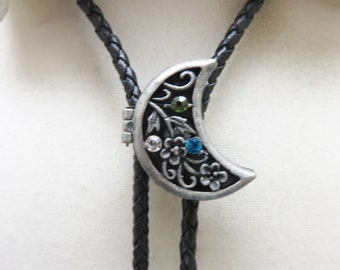 Hand Made Silver Crescent Moon Locket Bolo Tie,