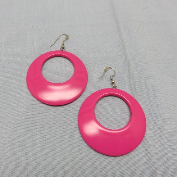 Raspberry Pink Plastic Hoop Earrings, Pierced Hoo… - image 1