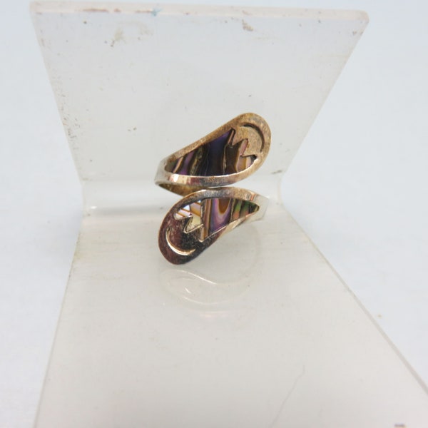 Abalone Shell Bypass Ring, Silver Alpaca Metal,  Adjustable