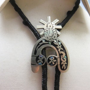 Vintage Cowboy Boot Spur Bolo Tie, Alpaca Silver, inlaid Mother of Pearl