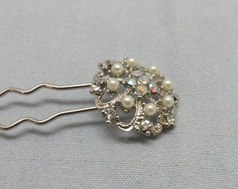 Silver Flower, Faux Pearl and Rhinestones Hair Pin, Vintage Wedding Hair Pin