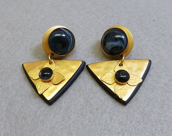 Geometric Pierced Earrings, Blue Marbled Accents, Matte Gold 1980s Earrings