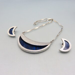 Bergere&#39;  Vintage Blue and Silver Necklace and Clip Earring Set
