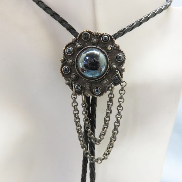 Cool Vintage Bolo Tie, Handmade, Ethnic Look with Chains and Black Glass Stones