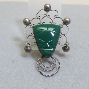 Vintage Sterling Silver Mayan Green Onyx Face Brooch - Mexico
