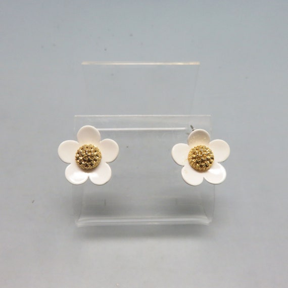 Vintage White Enamel Flower Pierced Earrings, Per… - image 1