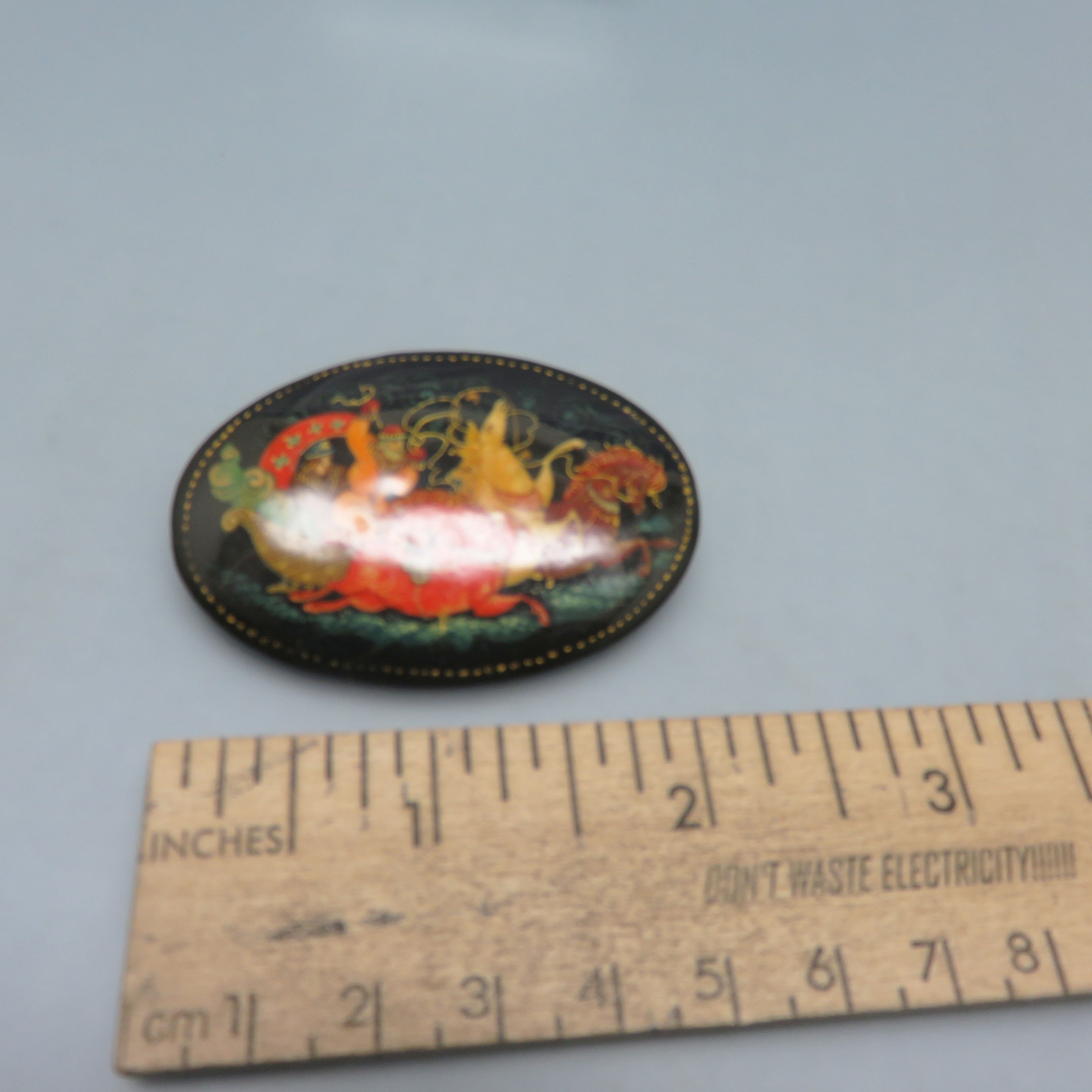 Vintage Russian Hand Painted Wooden Brooch, Zhostovo Tole Painted
