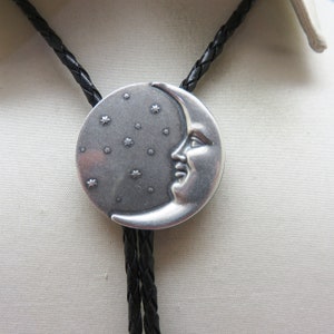 Handmade Silver or Dark Gold Crescent Moon Bolo Tie, Rockin' JK, Man on the Moon Bolo Tie