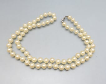 Vintage 28 Inch Faux Pearl Necklace: Hand Knotted Cream Glass Pearls