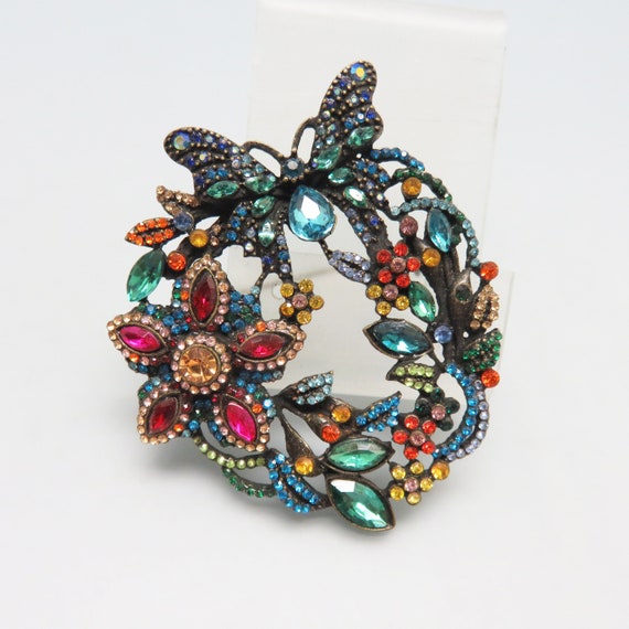 HUGE Vintage Rhinestone Butterfly Wreath Brooch, … - image 1