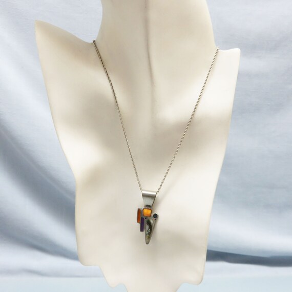 Sterling BoHo Stone, Shell and Enamel Pendant Nec… - image 5