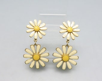 1980s Enamel Daisy  Pierced Earrings, White and Yellow