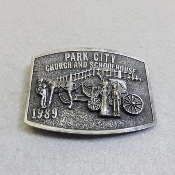 1989 Park City  Pewter Belt Buckle, Church and Sc… - image 2