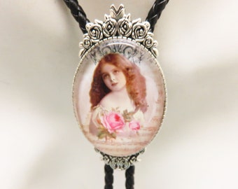 Domed Glass Stone Bolo Tie, Victorian Girl With Pink Roses, So Feminine!