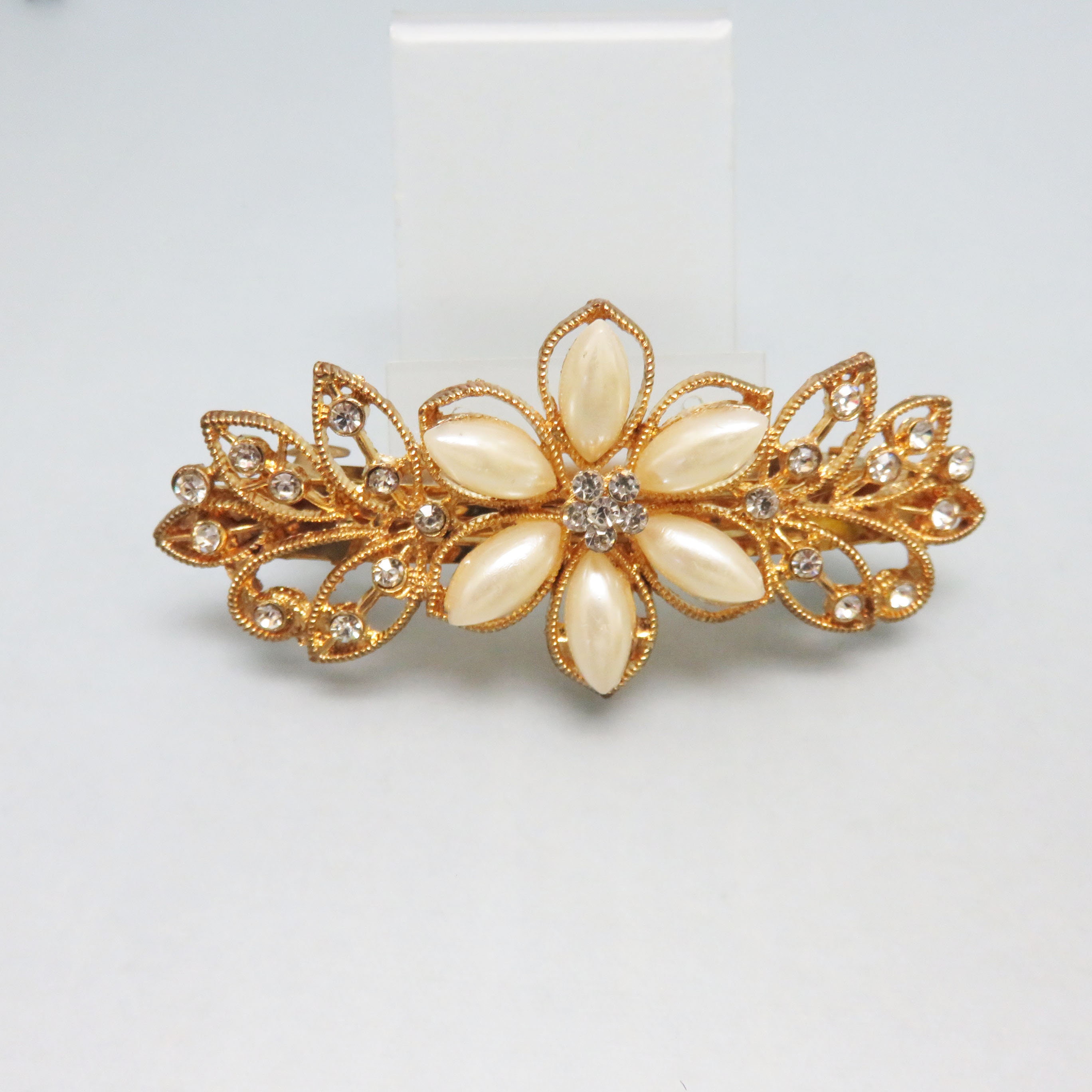 Vintage Rhinestone and Faux Pearl Hair Barrette Clip, Rose 