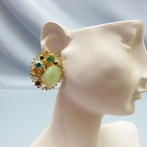 1960s Spring Green Glass Clip On Earrings, Peridot Green Rhinestone Accents image 6