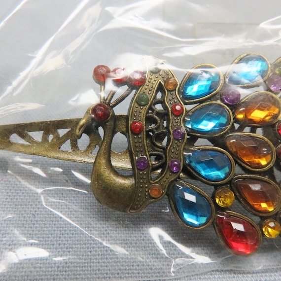 Vintage Huge Colorful Rhinestone Peacock Hair Clip - Etsy display picture 2