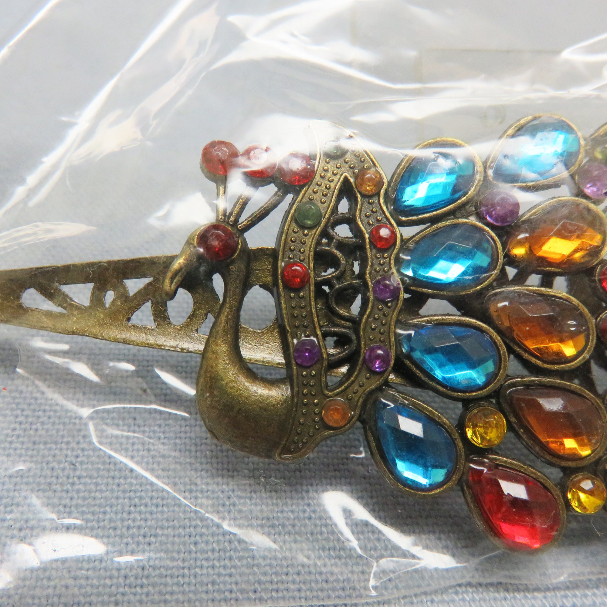 Vintage Huge Colorful Rhinestone Peacock Hair Clip - Etsy display picture 3