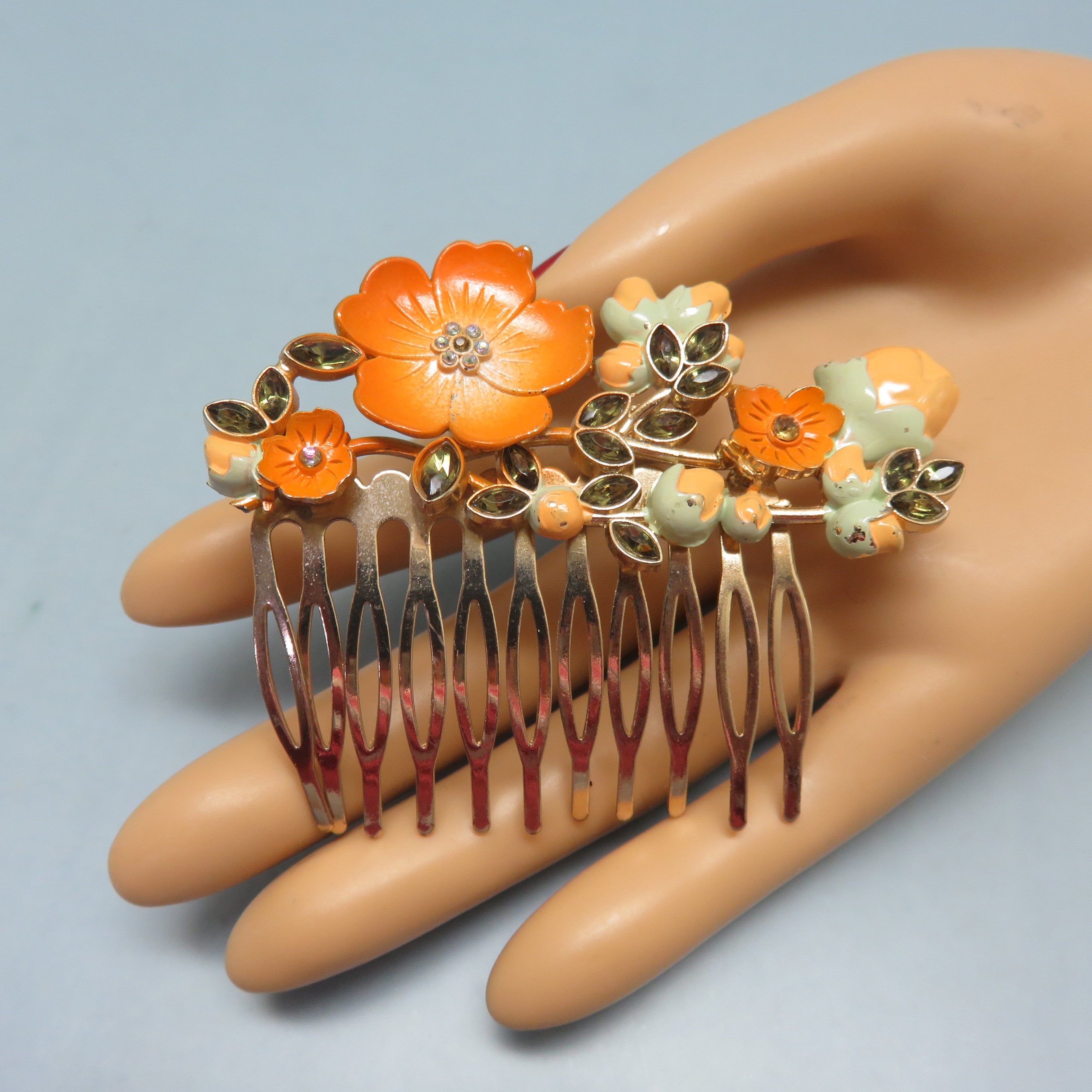 Vintage Euro Disney Hair Comb, Orange Flower Hair Comb, Hair Jewelry Vtg Euro Disney Princess Hair Comb Orange Green Flowers  main image 2