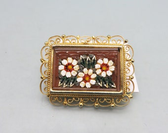 Vintage Italian Toasty Brown Mosaic Daisy and Gold Plated Floral Brooch, Filigree Setting