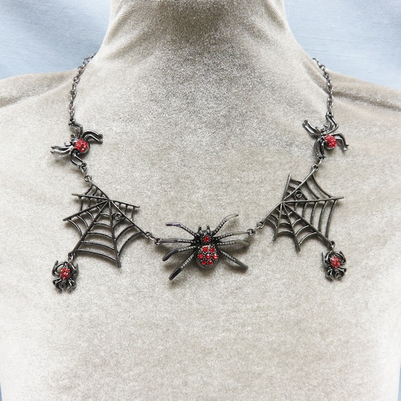 Rhinestone and Black Metal Spider Web Necklace, Co